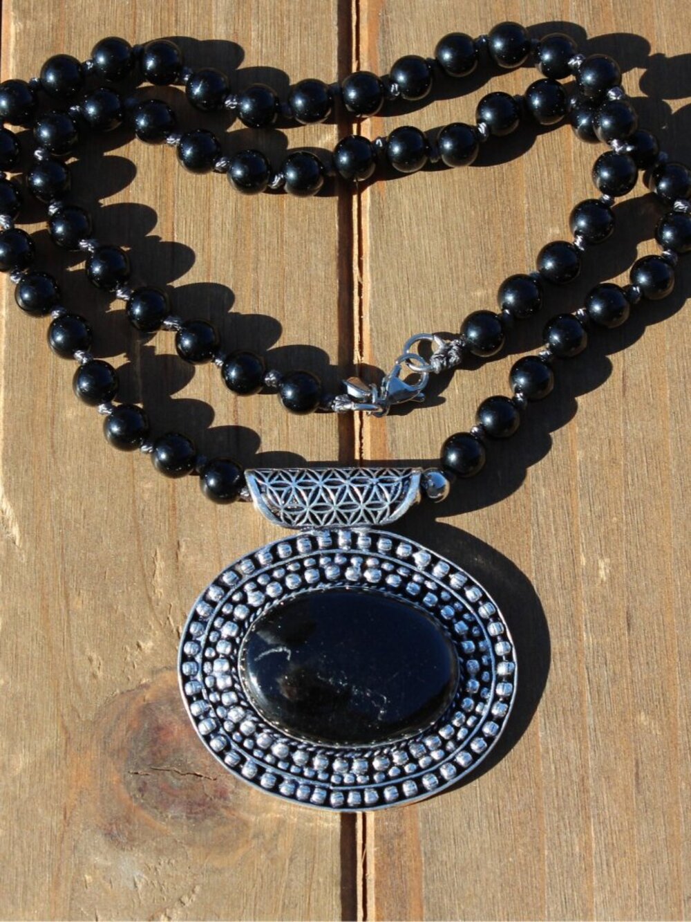 Black Onyx Beaded Necklace with Pendant